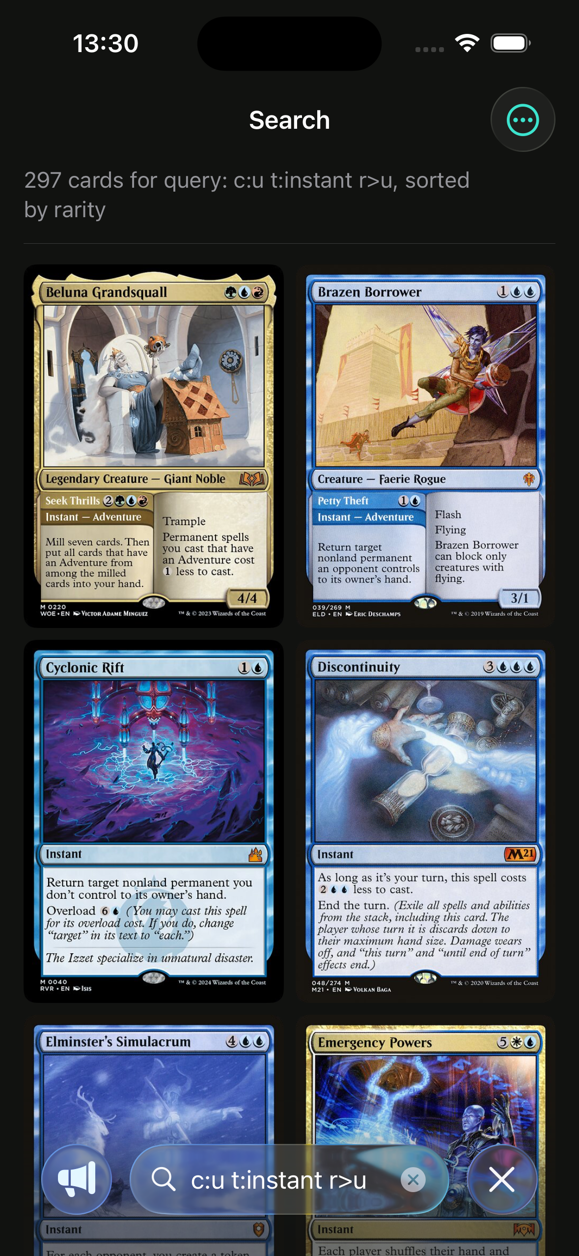 Scrollrack search screen showing Scryfall syntax query with card results
