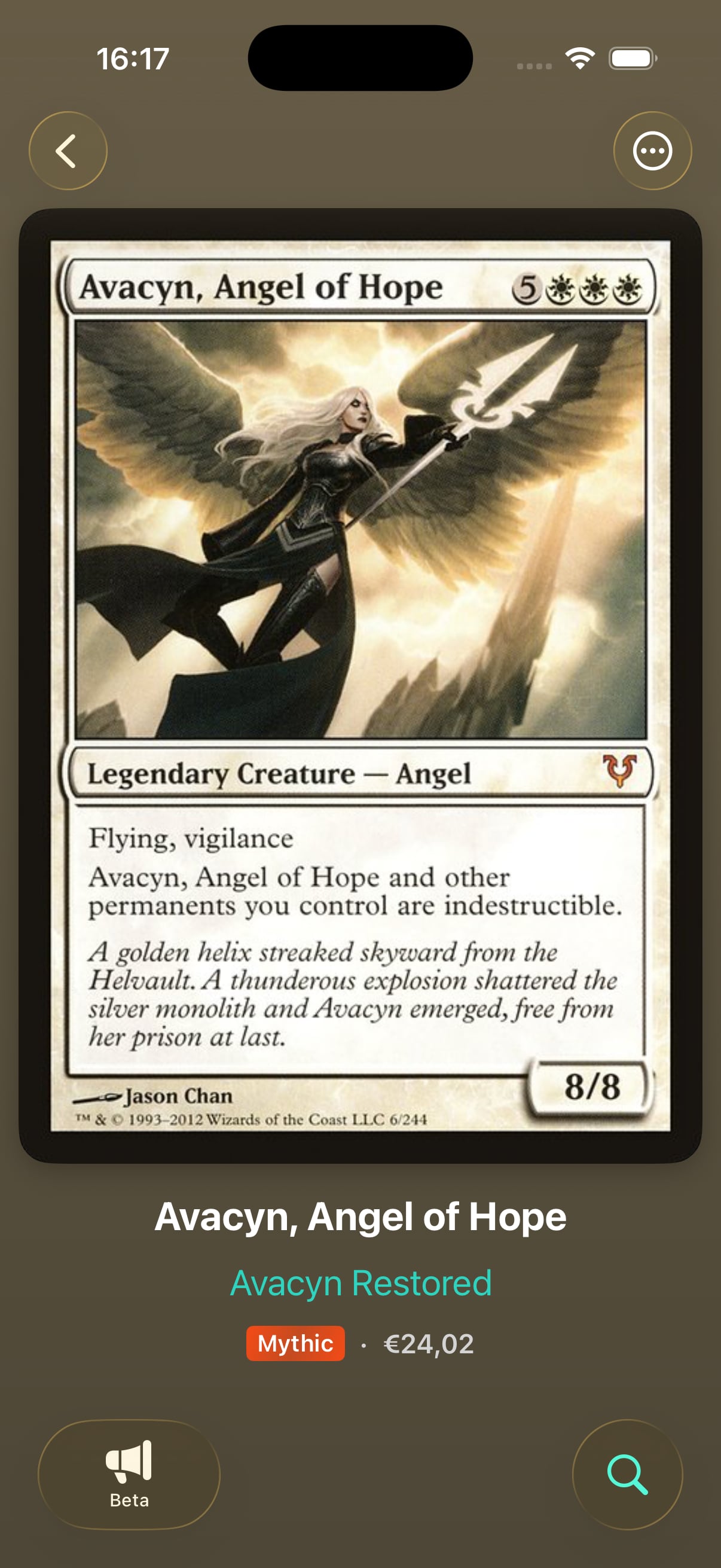 Scrollrack card detail showing Avacyn, Angel of Hope with current market price in USD and EUR